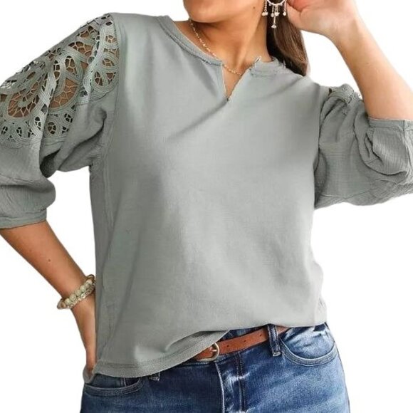 GIMMICK BKE Womens Blouse Medium Pieced Lace Pigeon Gray/Blue Green Cottage Slub - Picture 2 of 13